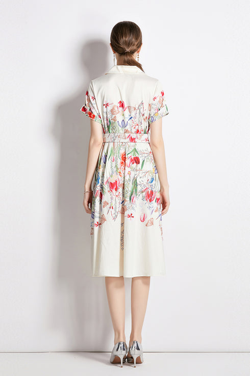 Vintage French Style Floral Print Notched Collar V-Neck, Short Sleeve, Button Up, Belted Office, Holiday, Party Vestidos